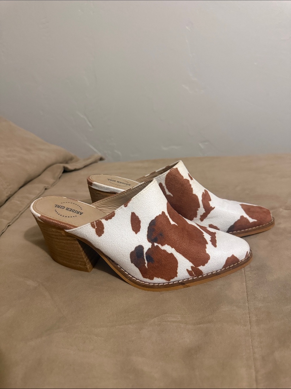Cowhide Print Leather Mule Heels in Brown & White